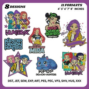 Puede incluir: Colección de diseños de bordado con ilustraciones temáticas de K-Pop. Los diseños incluyen varios personajes y el texto "KPOP DEMON HUNTERS" y "HUNTRX". Disponibles en 11 formatos, de 10 cm a 20 cm.