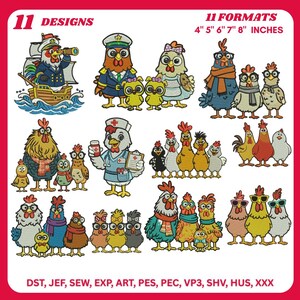 Peut inclure: Onze motifs de poulets de dessin animé dans différents styles, dont un coq capitaine, une poule infirmière et des poulets portant des écharpes et des lunettes de soleil. Le texte "11 DESIGNS" et "11 FORMATS 4" 5" 6" 7" 8" INCHES" est inclus.