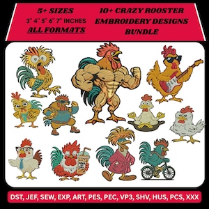 Puede incluir: Una colección de más de 10 diseños de bordado Crazy Rooster. Los diseños incluyen gallos en varias poses, como tocando la guitarra, montando en bicicleta y flexionando los músculos. Los diseños están disponibles en más de 5 tamaños, de 7,6 a 17,8 cm, y en todos los formatos.