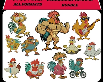 Crazy Rooster Embroidery Design | Funny Rooster Machine Embroidery | Farm Chicken Design | 5 Sizes 12 Formats | Instant Files Download