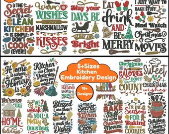 May include: A collection of embroidery designs with holiday and kitchen themes. The designs include phrases like "Eat, Drink, and Be Merry" and "I Just Want to Bake Stuff." Sizes range from 3 to 7 inches.