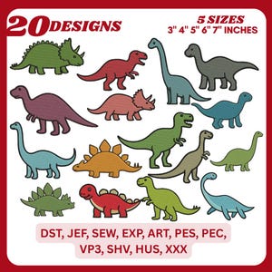 May include: A collection of 20 dinosaur designs in various colors, including green, red, and blue. The image includes text indicating five sizes: 3", 4", 5", 6", and 7" inches. Additional text lists file formats.