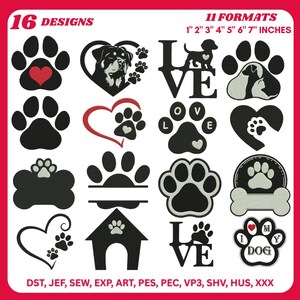 May include: A collection of 16 dog-themed designs, including paw prints and dog silhouettes, in various formats. Sizes range from 2.5 cm to 17.8 cm. The image includes the text "16 DESIGNS" and "11 FORMATS".