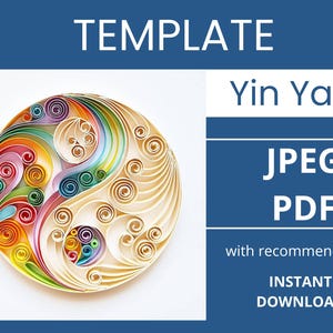 Op de afbeelding: Een kleurrijk Yin Yang-ontwerp gemaakt van papierquilling. Het ontwerp heeft een spiraalpatroon met een regenboog aan kleuren aan de ene kant en crèmetinten aan de andere kant. Tekst bevat "TEMPLATE", "Yin Yang", "JPEG PDF" en "INSTANT DOWNLOAD".