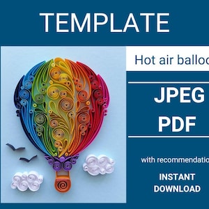 Puede incluir: Un diseño de globo aerostático colorido hecho de papel, con la palabra "TEMPLATE" en la parte superior. El globo es de colores arcoíris, con dos nubes blancas y tres pájaros negros. También se ve el texto "Hot air balloon", "JPEG", "PDF" y "INSTANT DOWNLOAD".