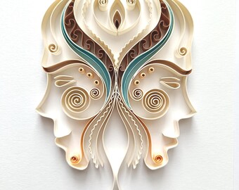 Arte dello zodiaco Gemelli, arte murale astrologica, arredamento minimalista per la casa, regalo di compleanno Gemelli, arte quilling 6x8" con cornice