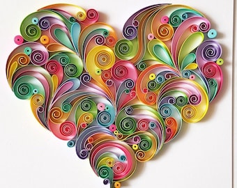 May include: A colorful paper quilling heart design. The heart is composed of swirling, rolled paper strips in shades of pink, yellow, green, blue, and orange. The artwork is set against a white background.