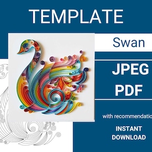 May include: A colorful paper quilling swan design with the word "TEMPLATE" at the top. The swan is made of rolled paper strips in various colors, including red, orange, yellow, green, blue, and purple. Text on the right side says "Swan", "JPEG", "PDF", and "INSTANT DOWNLOAD".