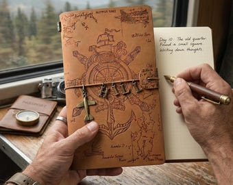Personalized Travel Journal with Custom Name Charms, Vintage Map Embossed Leather Notebook, Adventure Diary, Wanderlust Gift