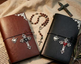 Catholic Sacred Heart Charm Journal, Burgundy or Black Faux Leather Prayer Notebook,custom name notebook