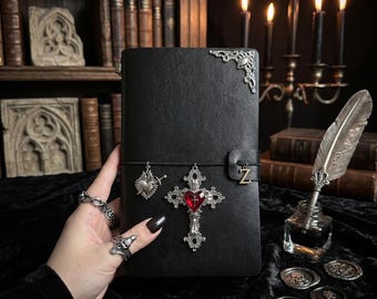 Gothic Cross Charm Journal, Black or Burgundy Faux Leather Dark Academia Notebook,Custom Name Notebook