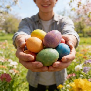 Puede incluir: Un puñado de coloridos huevos de Pascua en tonos amarillos, naranjas, morados, azules y verdes. Los huevos se sostienen en manos abiertas sobre un fondo de una escena soleada al aire libre con flores y vegetación.