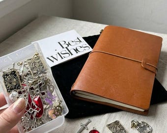 Brown PU Leather Travelers Notebook with 10 Metal Journal Charms, TN Journal Set