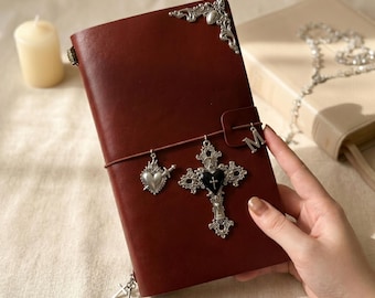 Catholic Sacred Heart Charm Journal, Burgundy Faux Leather Prayer Notebook, Devotional Keepsake,Custom Name Notebook