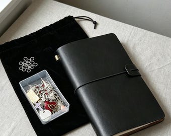 Black PU Leather Travelers Notebook, DIY Journal Set with Free to 10 Random Metal Charms