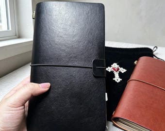 PU Leather Travelers Notebook Set, Journal with Velvet Pouch,Black and Wine Red, Matching Gift Bag
