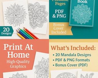 Printable Mandala Coloring Pages – 20 Pages PDF & PNG, Stress Relief Art