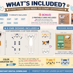 May include: A digital embroidery design set featuring 6 cat patterns, including 3 bookmarks and 3 faces. Includes 7 file formats, 2 printable cards, and instructions for 12cm by 12cm packaging. Bookmark dimensions are 5.6cm wide by 9.8cm long.