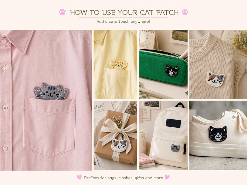 May include: A collection of embroidered cat patches in various colors and patterns, including gray, yellow, black, and calico designs. These patches are shown applied to a pink shirt pocket, a yellow shirt, a green pencil case, a sweater, a gift, a backpack, and a white sneaker.
