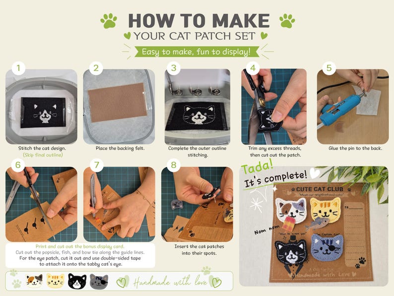 May include: An instructional infographic titled HOW TO MAKE YOUR CAT PATCH SET, featuring eight numbered steps for crafting embroidered cat patches. The guide includes images of stitching, trimming, gluing, and displaying finished cat patches.