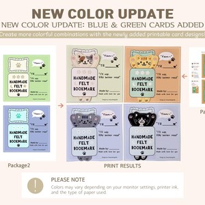 May include: A set of printable cards for handmade felt bookmarks featuring cat illustrations. The cards include text such as HANDMADE FELT BOOKMARK, Yawn, and I'll nap, YOU BETTER READ. The designs come in green, orange, purple, and blue color variations.
