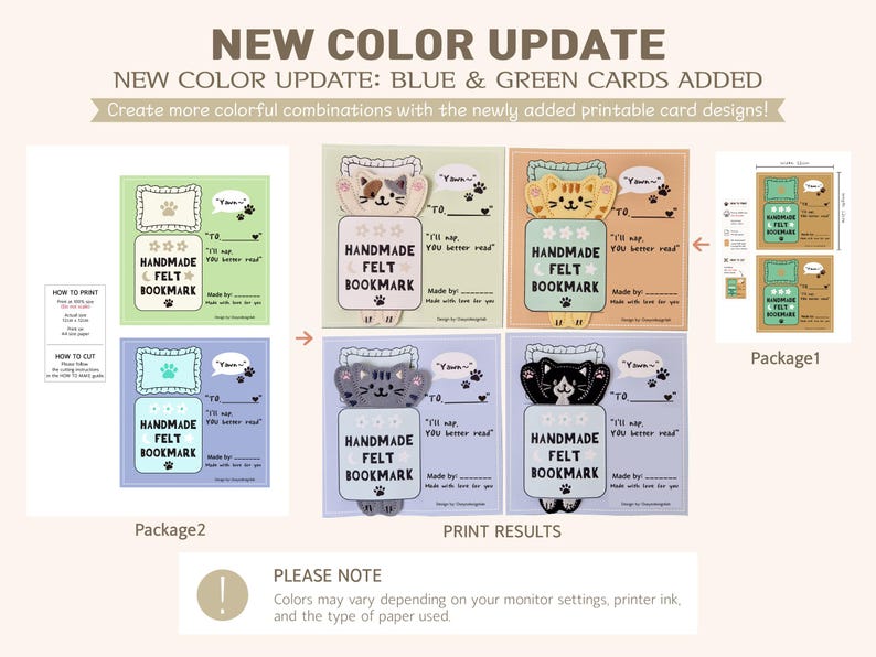 May include: A set of printable cards for handmade felt bookmarks featuring cat illustrations. The cards include text such as HANDMADE FELT BOOKMARK, Yawn, and I'll nap, YOU BETTER READ. The designs come in green, orange, purple, and blue color variations.