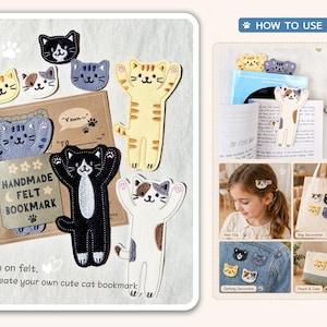 May include: A collection of felt cat-shaped bookmarks and patches in various colors including black, white, grey, and orange tabby. The set includes full-body cat figures with raised arms and smaller cat head shapes, displayed with a card labeled HANDMADE FELT BOOKMARK.