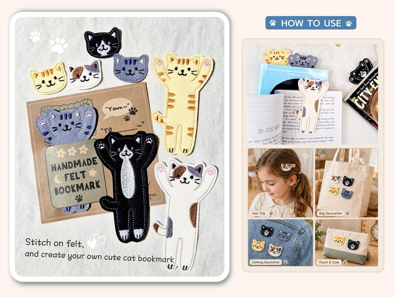 May include: A collection of felt cat-shaped bookmarks and patches in various colors including black, white, grey, and orange tabby. The set includes full-body cat figures with raised arms and smaller cat head shapes, displayed with a card labeled HANDMADE FELT BOOKMARK.
