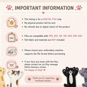May include: An informational graphic with a light background and pink accents, featuring text about digital embroidery files. Four embroidered cat figures in orange, calico, black, and gray are positioned at the bottom of the image.
