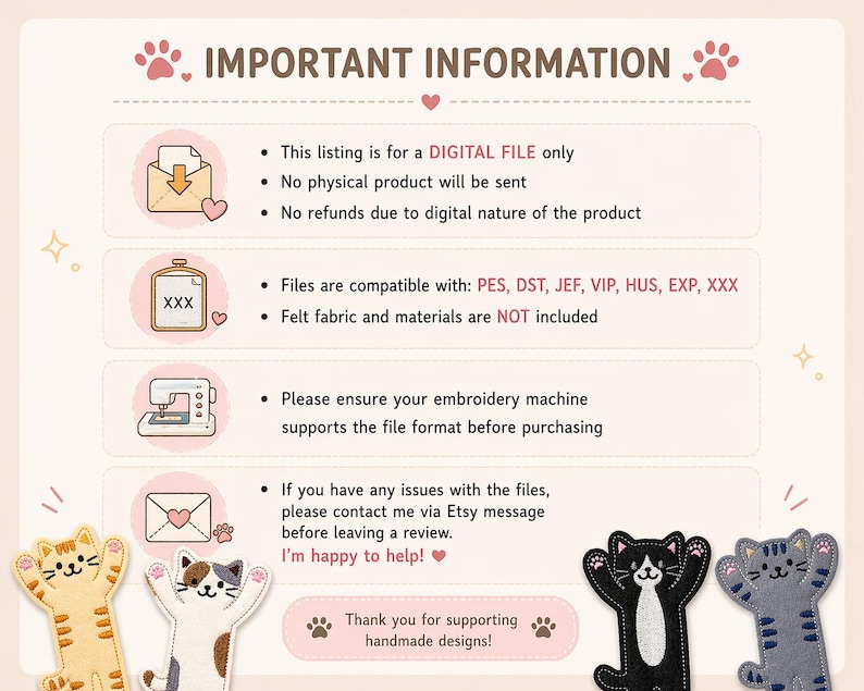 May include: An informational graphic with a light background and pink accents, featuring text about digital embroidery files. Four embroidered cat figures in orange, calico, black, and gray are positioned at the bottom of the image.