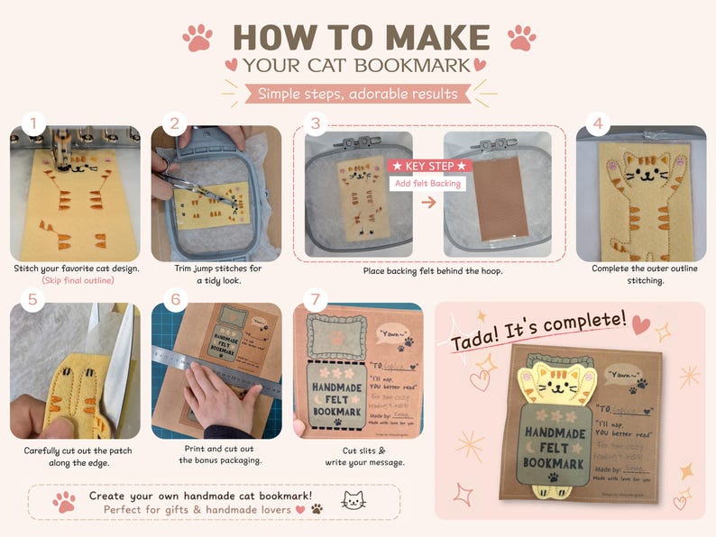 May include: An instructional infographic titled HOW TO MAKE YOUR CAT BOOKMARK, featuring seven numbered steps for creating a felt cat bookmark. The guide includes images of embroidery, trimming, cutting, and packaging, ending with a finished cat bookmark.