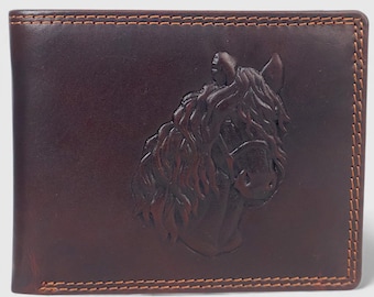 Full Grain Leather Bifold Wallet, Embossed Stallion Design, Vintage Brown Slim Card Holder