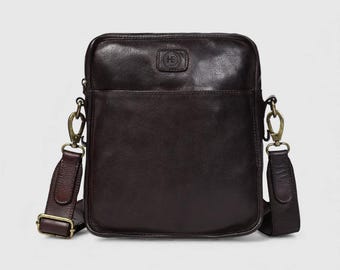 Full Grain Leather Sling Bag, Vintage Crossbody Messenger, Olive Green, Antique Brass Hardware