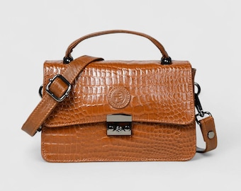 Croc-Embossed Leather Satchel Handbag | Structured Top Handle Crossbody Bag