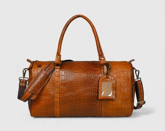 Crocodile Embossed Leather Duffle Bag, Buffalo Leather Weekender