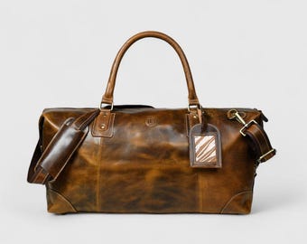 Handmade Buffalo Leather Duffle Bag – Vintage Tan Travel Weekender