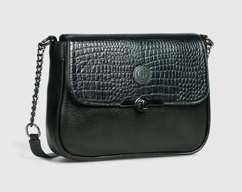 Croc Embossed Leather Handbag | Structured Shoulder Bag