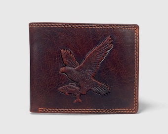Full Grain Leather Bifold Wallet, Embossed Falcon Design, Vintage Brown Slim Wallet