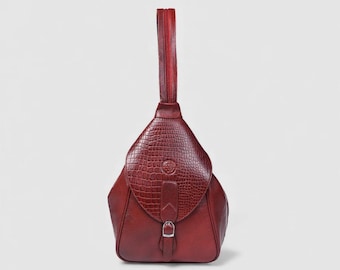 Convertible Leather Backpack Purse: Croco Embossed Shoulder Bag, Genuine Full-grain Handbag