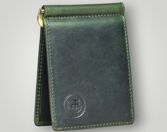 Cartera minimalista de piel auténtica con clip para billetes, bolsillo frontal y clip de latón con bloqueo RFID.