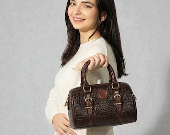 Emerald Croc Embossed Leather Satchel | Luxury Structured Top Handle Bag | Designer Style Crossbody Purse | Elegant Women Handbag Gift