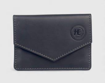 Genuine Leather Envelope Wallet, Slim Minimalist Card Holder, Vintage Black Snap Closure