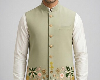 Sage Green Nehru Jacket – Floral Embroidered Indian Wedding Vest
