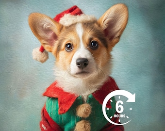 Custom Christmas Pet Portrait Gift, Digital Pet Portraits from Photo, Christmas Portrait, Gift for Cat, Gift for Dog, Animal Portraits