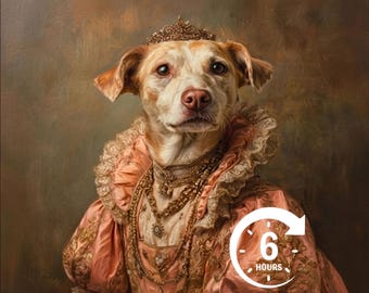 May include: A regal portrait of a dog wearing a gold crown, a pink dress with gold embroidery, and layered gold necklaces. The dog has a light brown and white coat. The image has a vintage, painterly style. A white circle with the text "6 HOURS" is in the lower right corner.