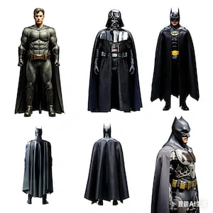 May include: Six action figures of iconic characters, including Batman, Darth Vader, and another superhero. The figures are in various poses, showcasing their detailed costumes and capes. The figures are primarily black, grey, and dark colours.
