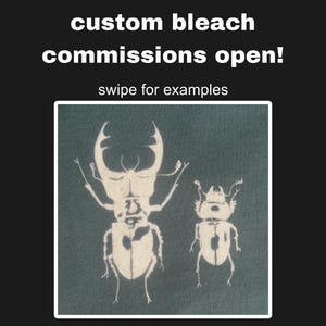 May include: A teal-colored textile features two white insect illustrations. The text "custom bleach commissions open!" is displayed above the illustrations, with "swipe for examples" below. The insects are a large beetle and a smaller beetle.