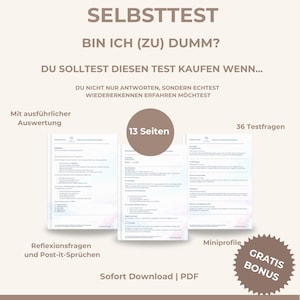 May include: A digital product advertisement with the title "SELBSTTEST BIN ICH (ZU) DUMM?" and the text "DU SOLLTEST DIESEN TEST KAUFEN WENN..." The image includes a "GRATIS BONUS" badge and highlights "13 Seiten" and "36 Testfragen."