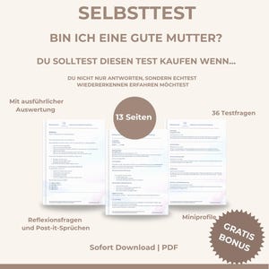 Könnte beinhalten: Ein digitales Download-Produkt mit dem Titel "SELBSTTEST: BIN ICH EINE GUTE MUTTER?" Das Bild zeigt einen Stapel Seiten, ein Bonus-Abzeichen und Text, der die Funktionen des Produkts beschreibt, einschließlich 13 Seiten, 36 Fragen und einem PDF-Download.