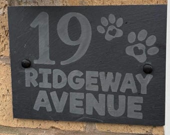 Personalised Slate House Sign | Custom Address Plaque with Paw Prints